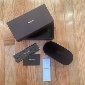 Tom ford sunglass packaging with case, cloth, box and pamphlets. Complete set